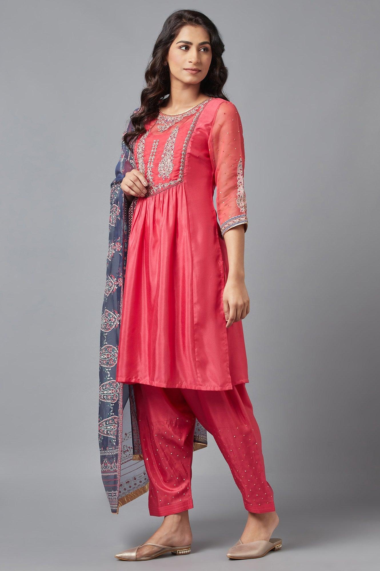 Coral Red A-line kurta, Salwar and Dupatta Set - wforwoman