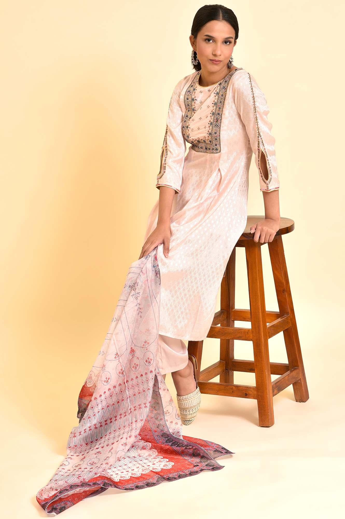 Light Pink Embroidered Kurta, Pants And Dupatta Set - wforwoman