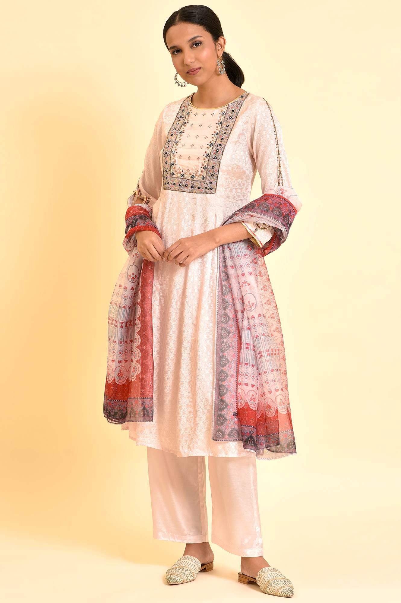 Light Pink Embroidered Kurta, Pants And Dupatta Set - wforwoman
