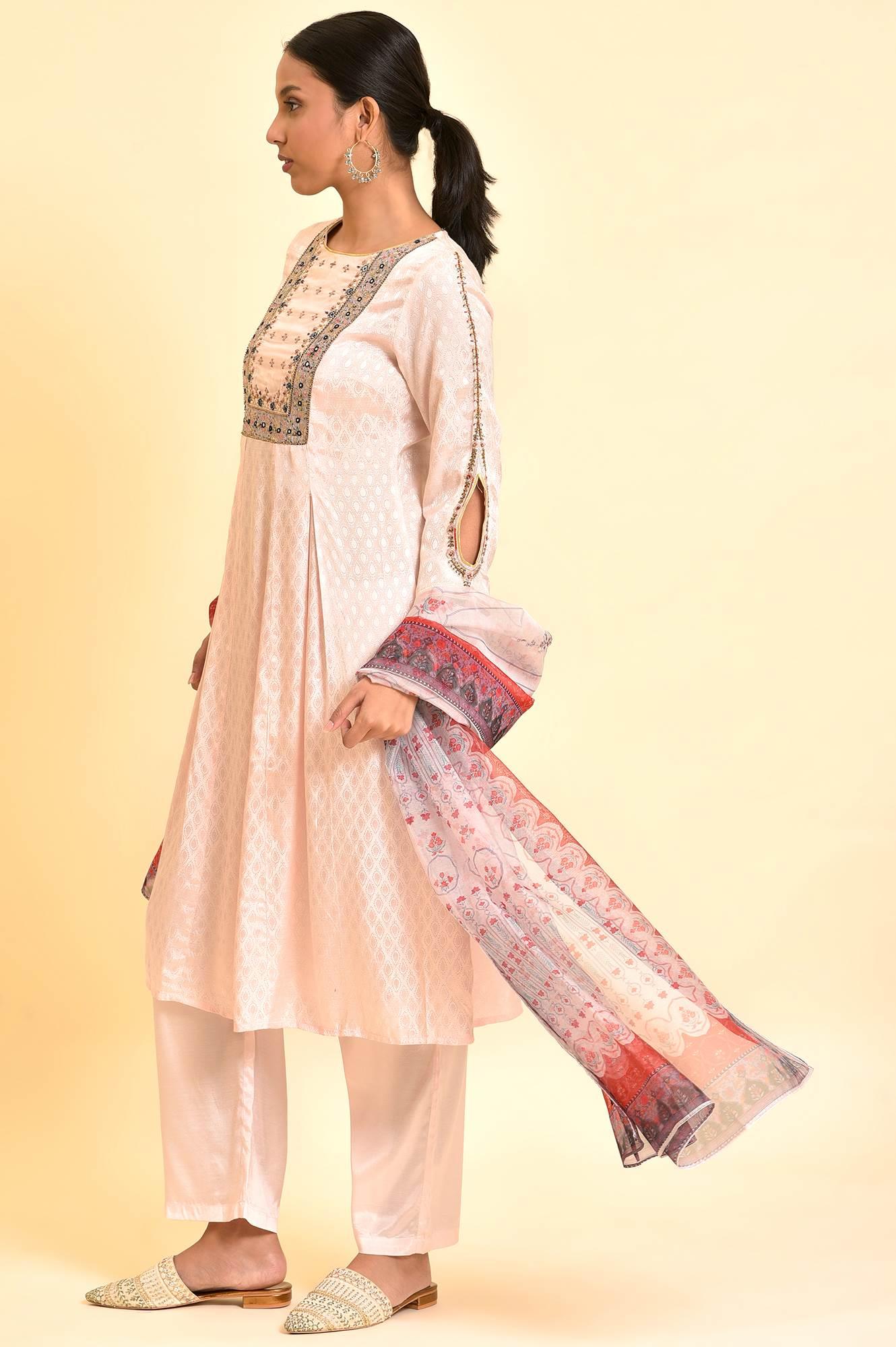 Light Pink Embroidered Kurta, Pants And Dupatta Set - wforwoman