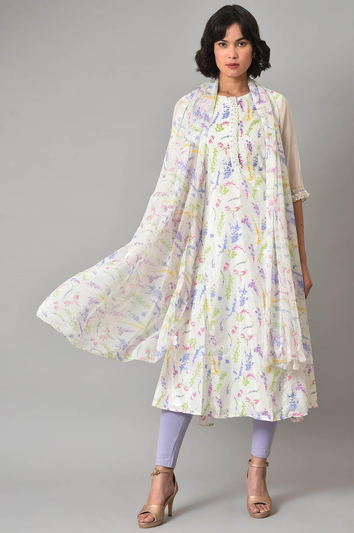 Ecru Printed Round Neck kurta With Tights And Dupatta - 6