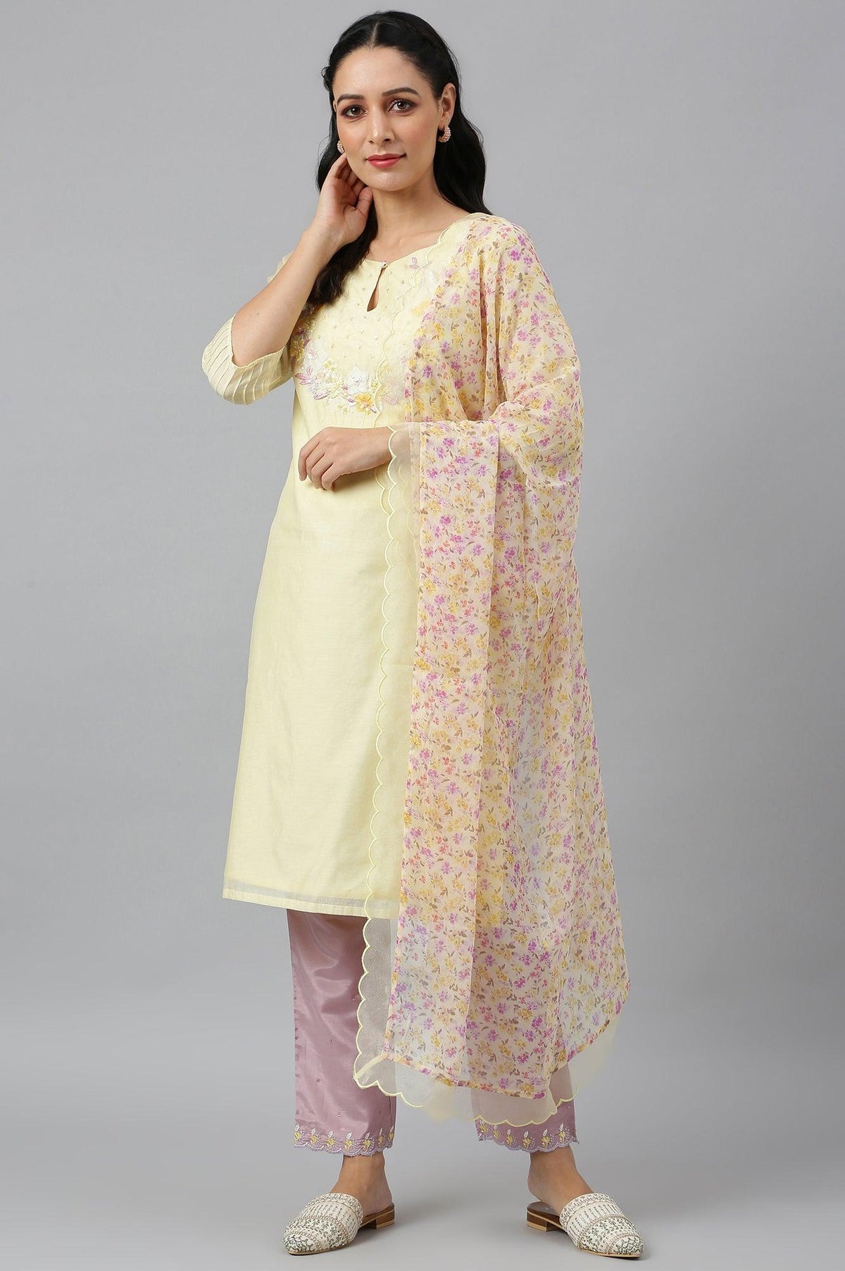 Lemon Yellow Embroidered Chanderi kurta With Slim Pants And Dupatta - 6