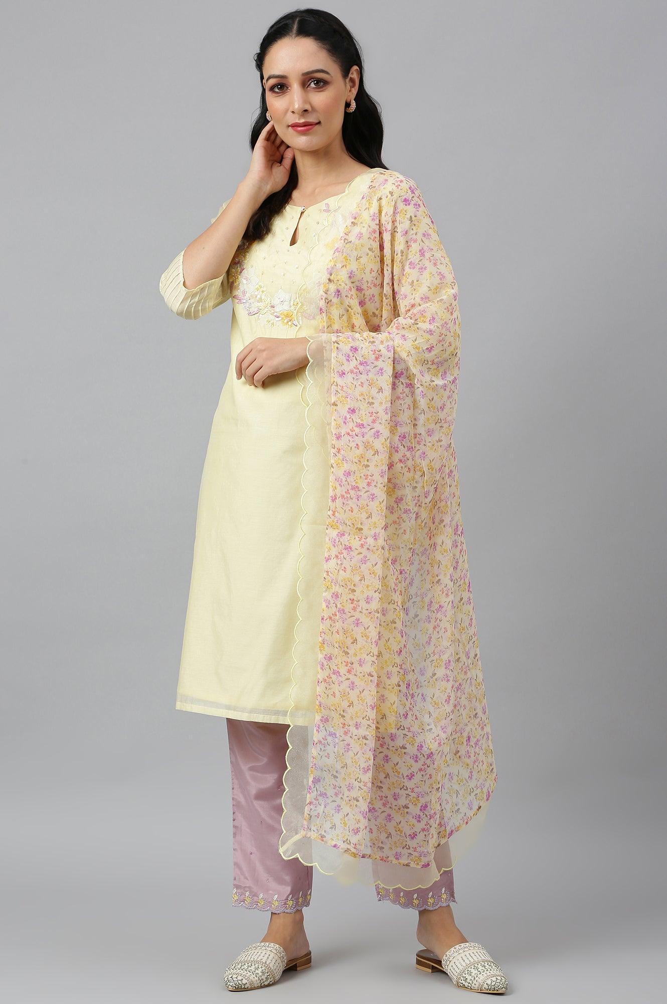 Lemon Yellow Embroidered Chanderi kurta With Slim Pants And Dupatta - wforwoman