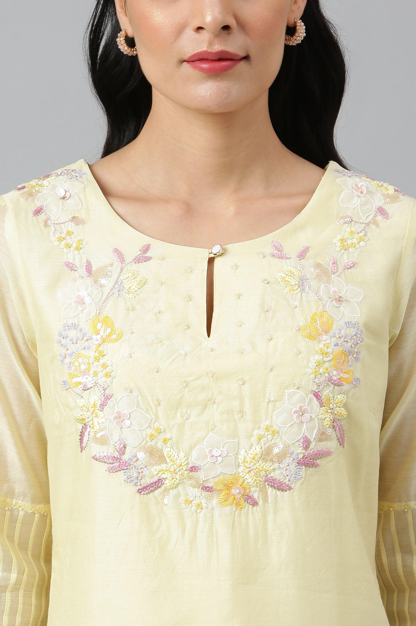 Lemon Yellow Embroidered Chanderi kurta With Slim Pants And Dupatta - wforwoman