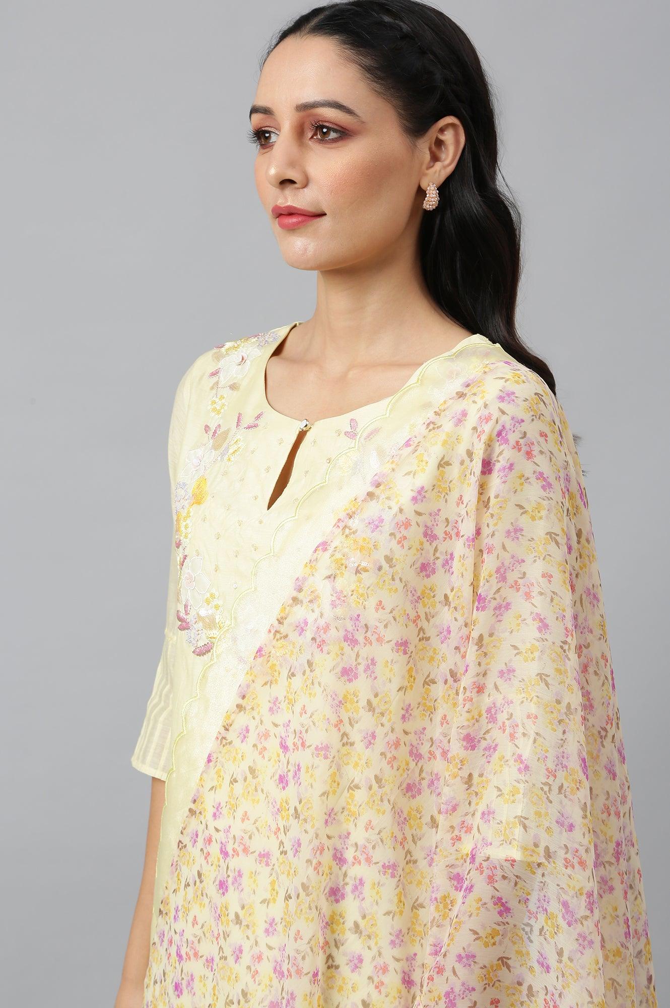 Lemon Yellow Embroidered Chanderi kurta With Slim Pants And Dupatta - wforwoman