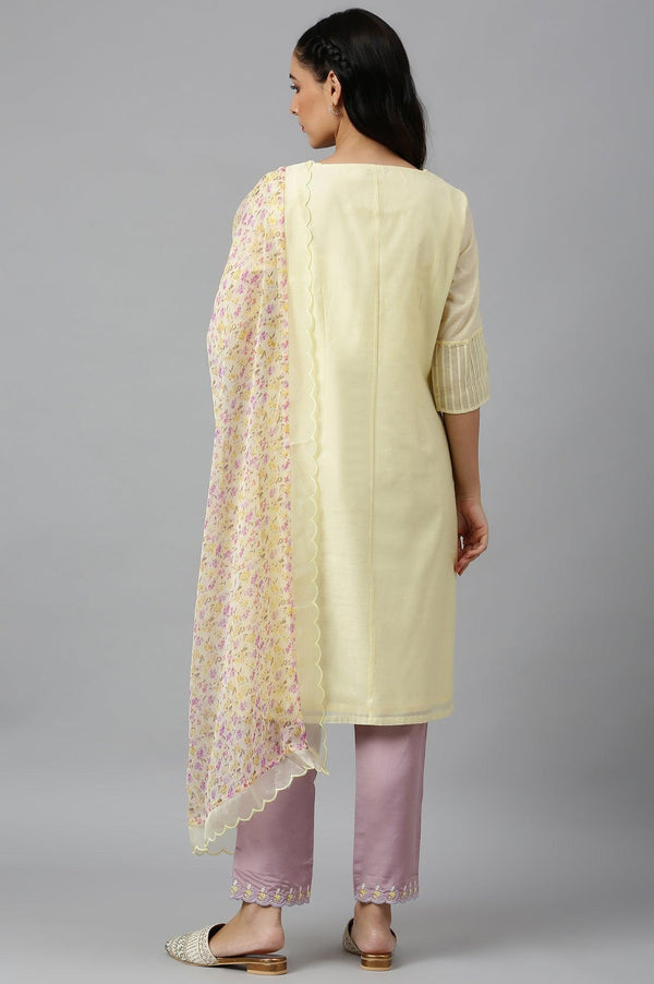 Lemon Yellow Embroidered Chanderi kurta With Slim Pants And Dupatta