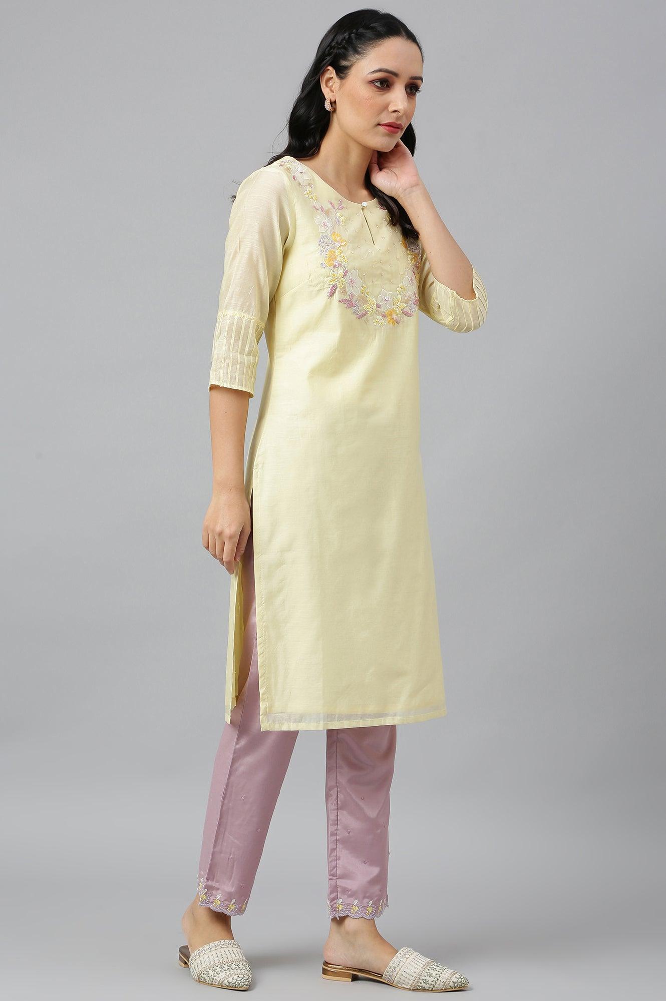 Lemon Yellow Embroidered Chanderi kurta With Slim Pants And Dupatta - wforwoman