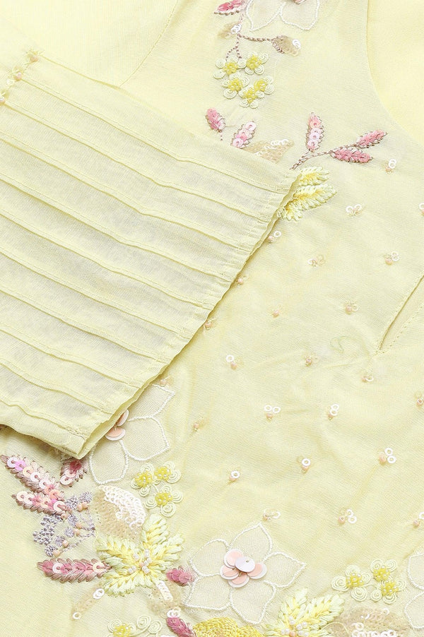 Lemon Yellow Embroidered Chanderi kurta With Slim Pants And Dupatta