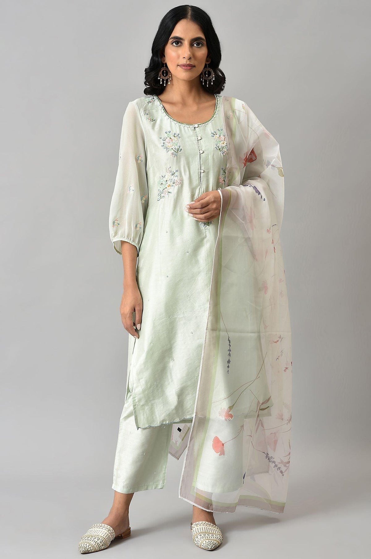Light Green Embroidered Round Neck kurta With Slim Pants And Dupatta - 6
