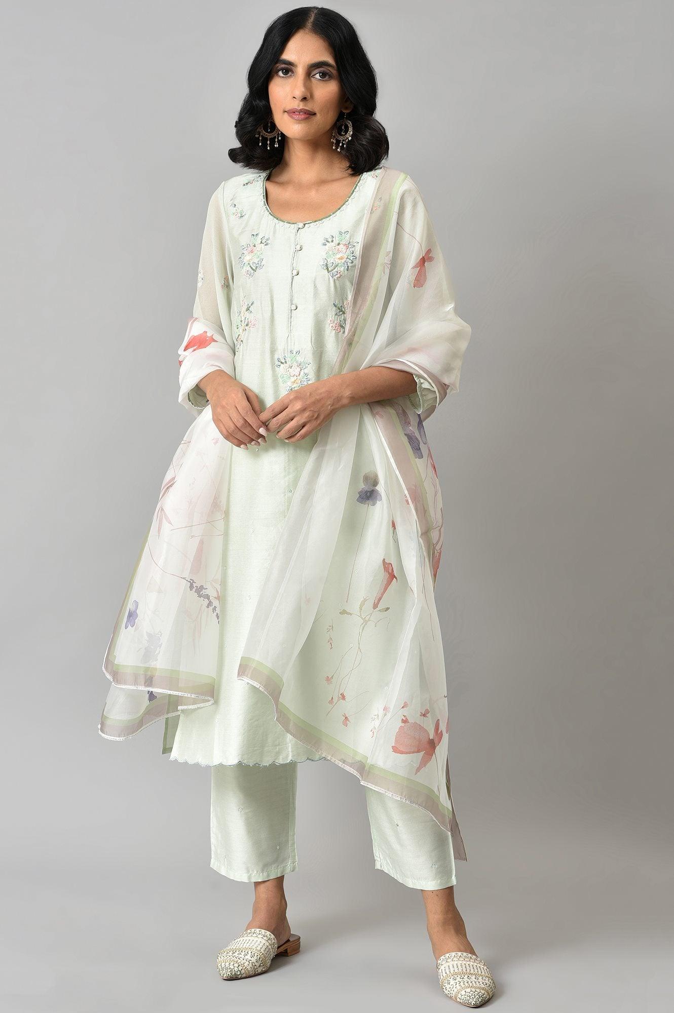 Light Green Embroidered Round Neck kurta With Slim Pants And Dupatta - wforwoman