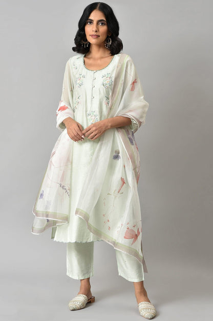 Light Green Embroidered Round Neck kurta With Slim Pants And Dupatta - wforwoman