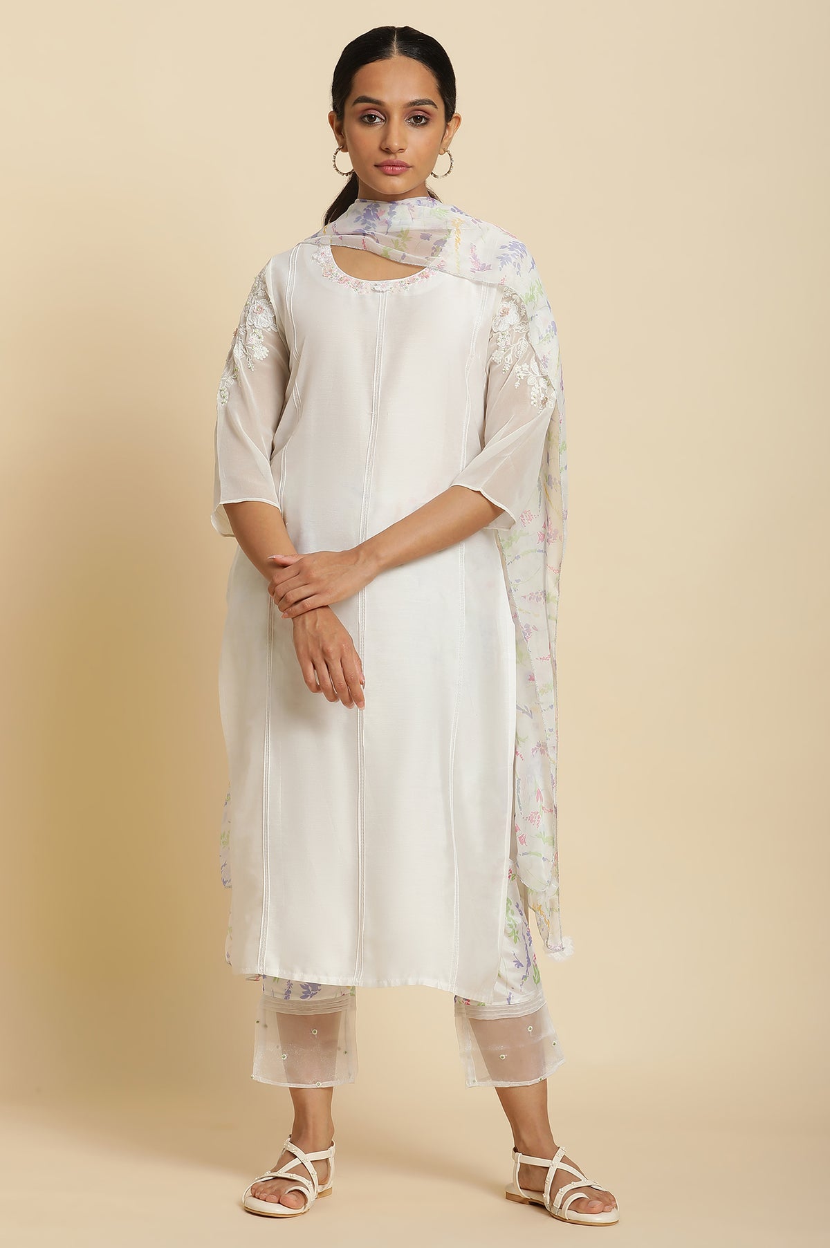 Ecru Embroidered kurta With Printed Slim Pants And Dupatta - 6