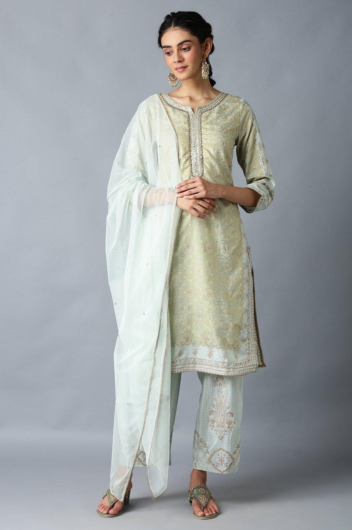 Green Printed Festive kurta With Parallel Pants And Net Dupatta - XS