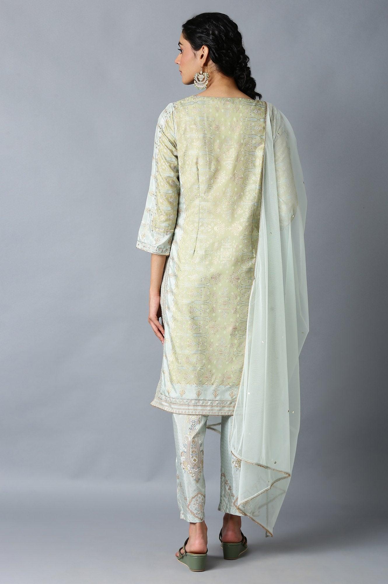 Green Printed Festive kurta With Parallel Pants And Net Dupatta - wforwoman