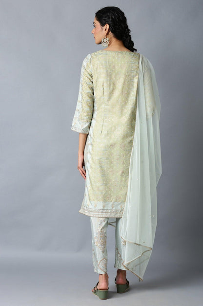 Green Printed Festive kurta With Parallel Pants And Net Dupatta - wforwoman