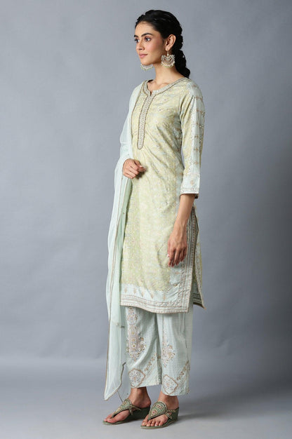 Green Printed Festive kurta With Parallel Pants And Net Dupatta - wforwoman