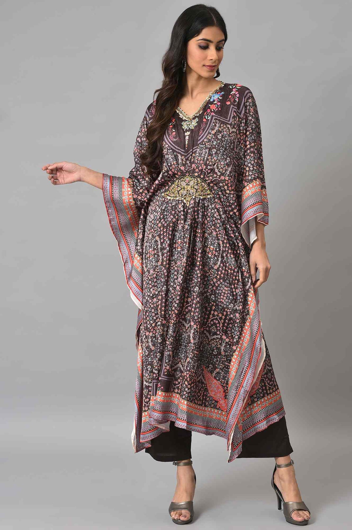 Brown Printed Kafta And Pants Set - S