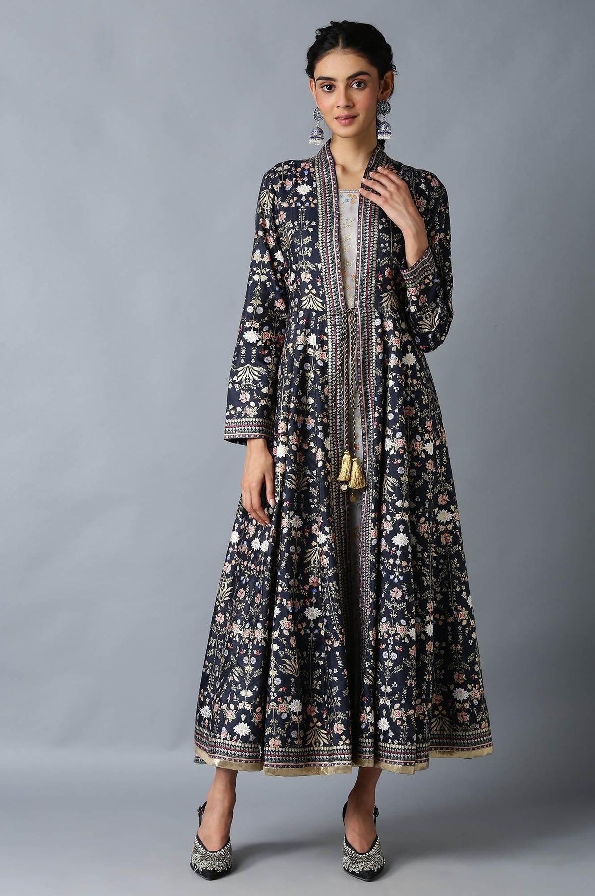Dark Blue And Grey Mock Layered Floral Printed Dress - XS