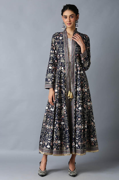 Dark Blue And Grey Mock Layered Floral Printed Dress - wforwoman