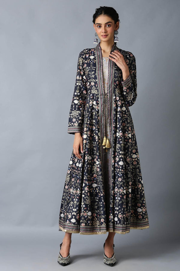 Dark Blue And Grey Mock Layered Floral Printed Dress