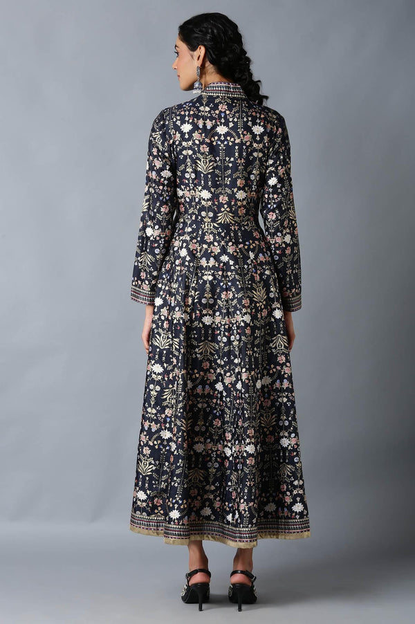Dark Blue And Grey Mock Layered Floral Printed Dress