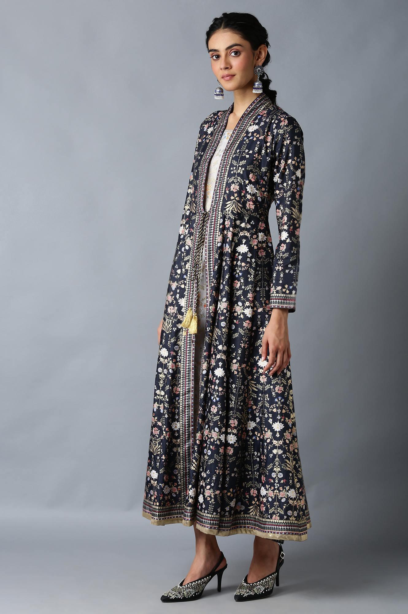 Dark Blue And Grey Mock Layered Floral Printed Dress - wforwoman