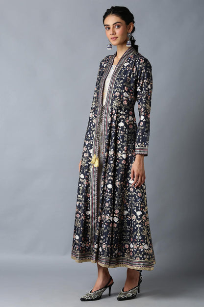 Dark Blue And Grey Mock Layered Floral Printed Dress - wforwoman