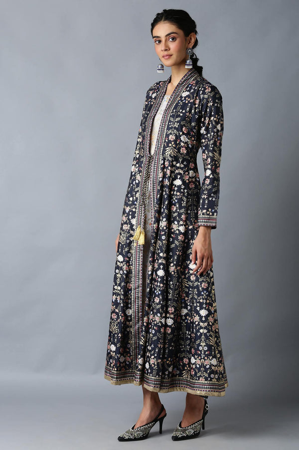 Dark Blue And Grey Mock Layered Floral Printed Dress