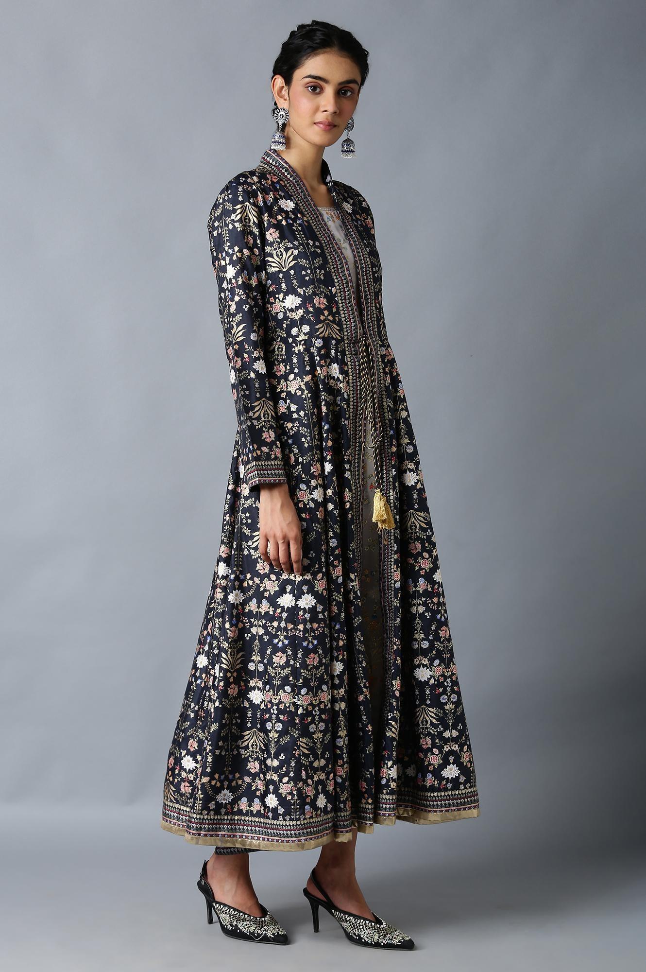 Dark Blue And Grey Mock Layered Floral Printed Dress - wforwoman