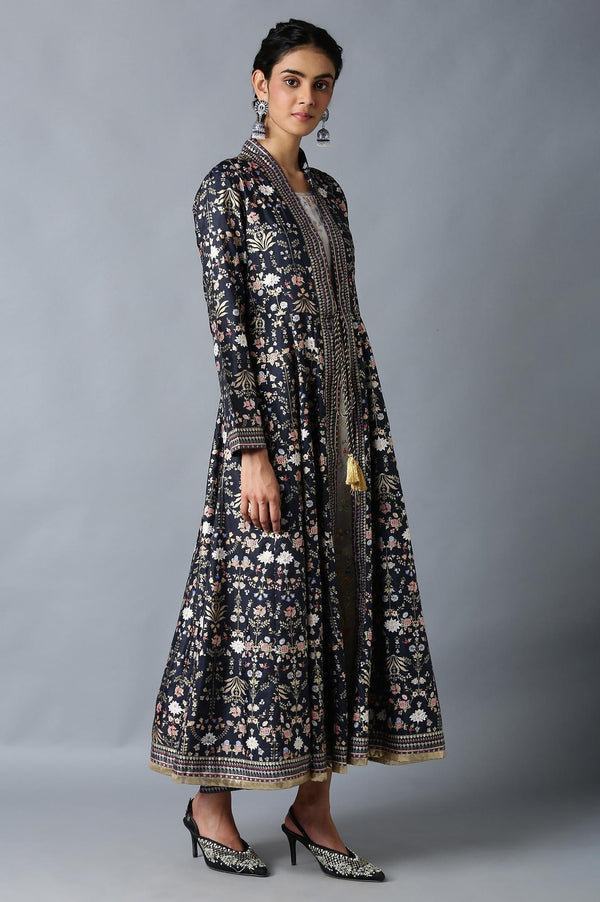 Dark Blue And Grey Mock Layered Floral Printed Dress