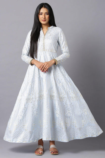 Sky Blue Placement Print Flared Dress - wforwoman