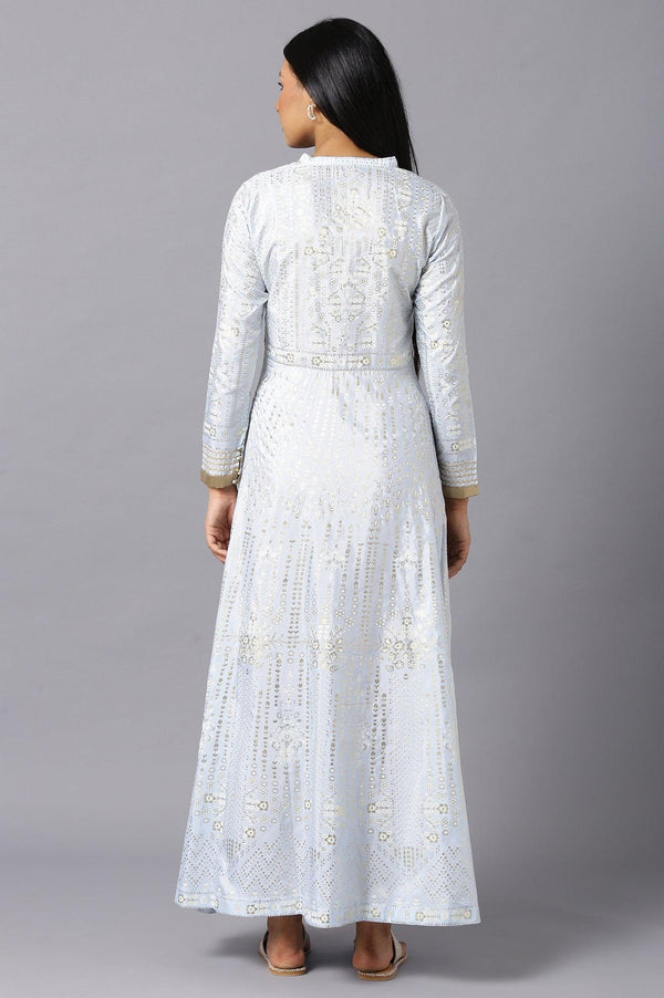 Sky Blue Cotton Flared Placement-Print Midi Dress