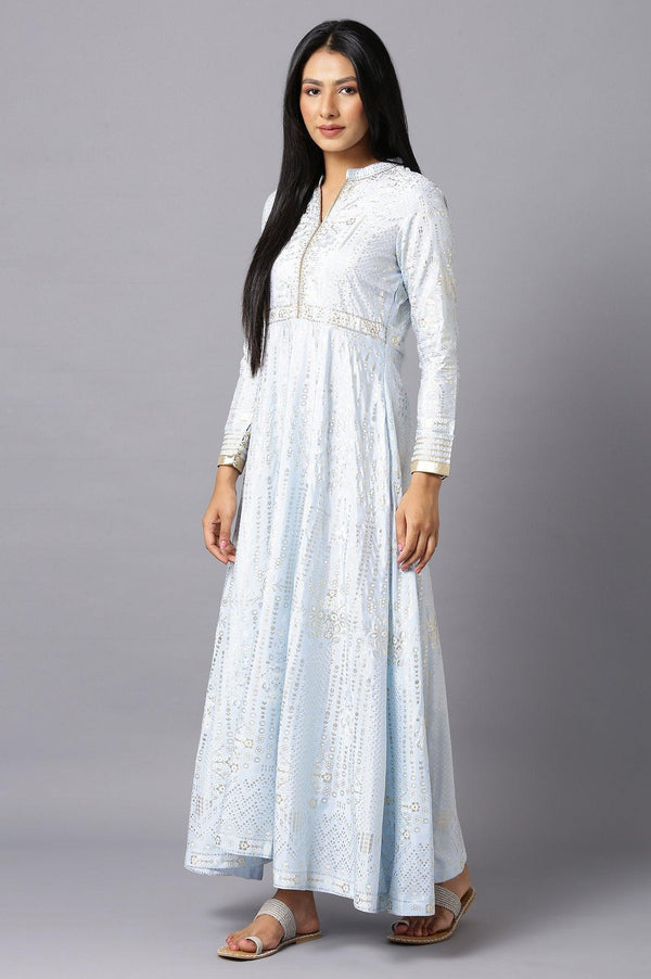 Sky Blue Cotton Flared Placement-Print Midi Dress