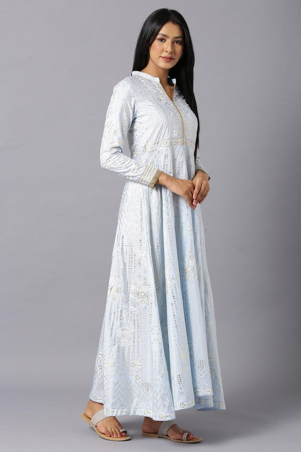 Sky Blue Cotton Flared Placement-Print Midi Dress