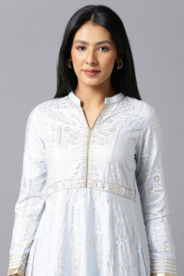 Sky Blue Cotton Flared Placement-Print Midi Dress