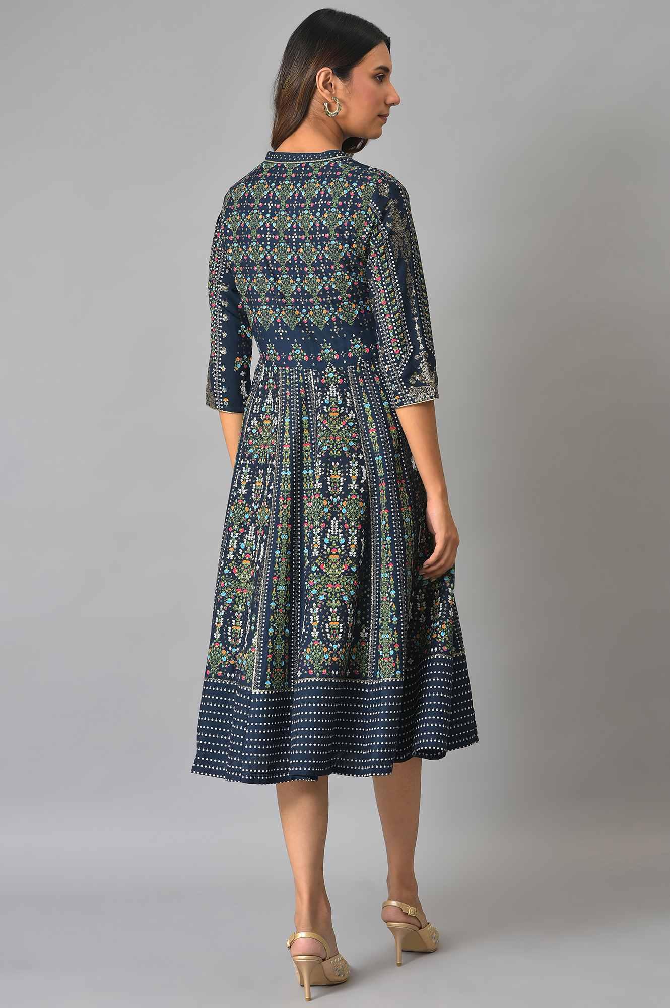 Navy Kalidar Printed Dress - wforwoman