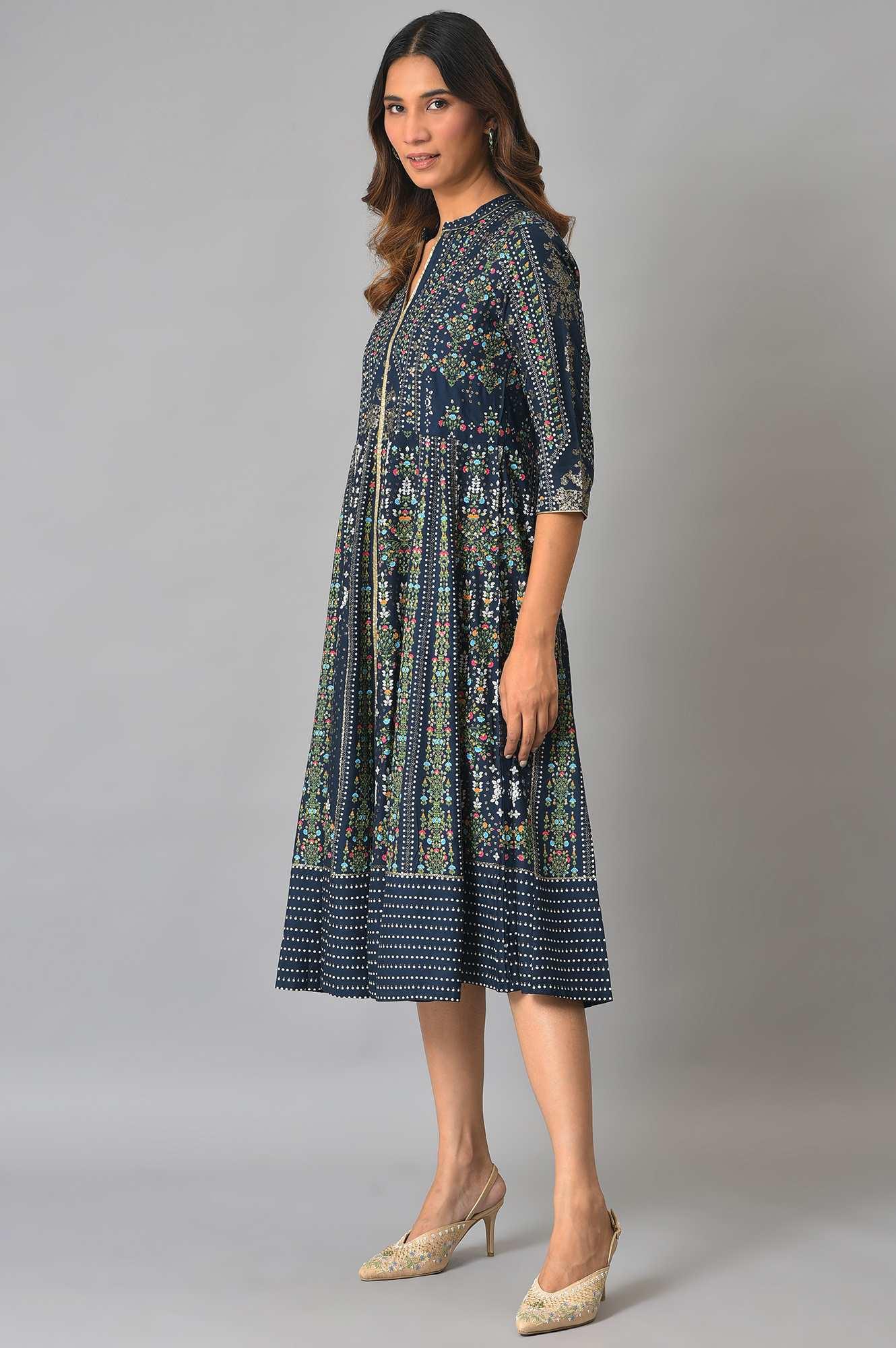 Navy Kalidar Printed Dress - wforwoman