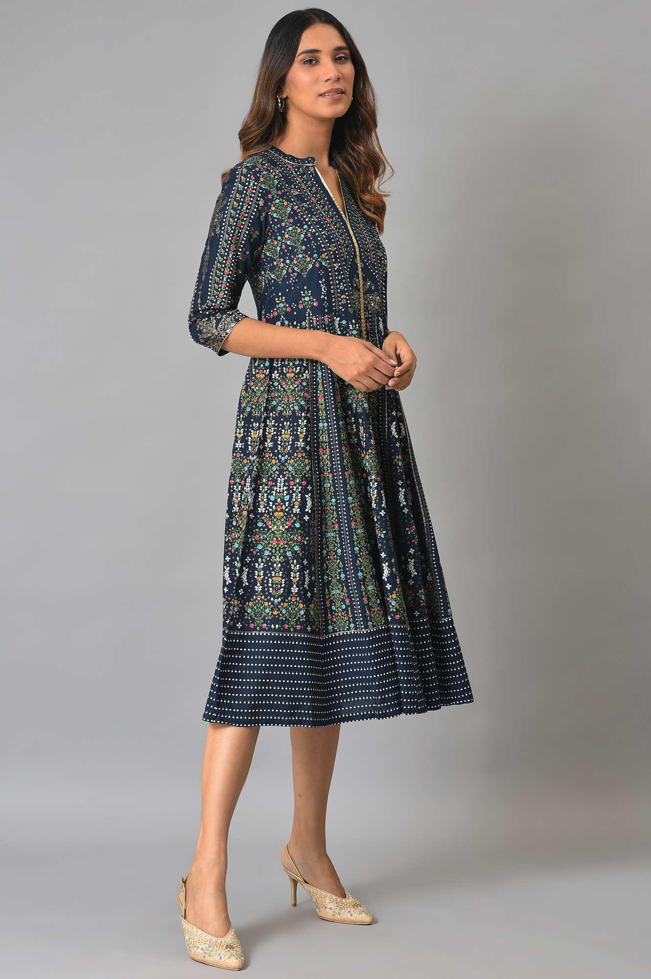 Navy Kalidar Printed Dress - wforwoman