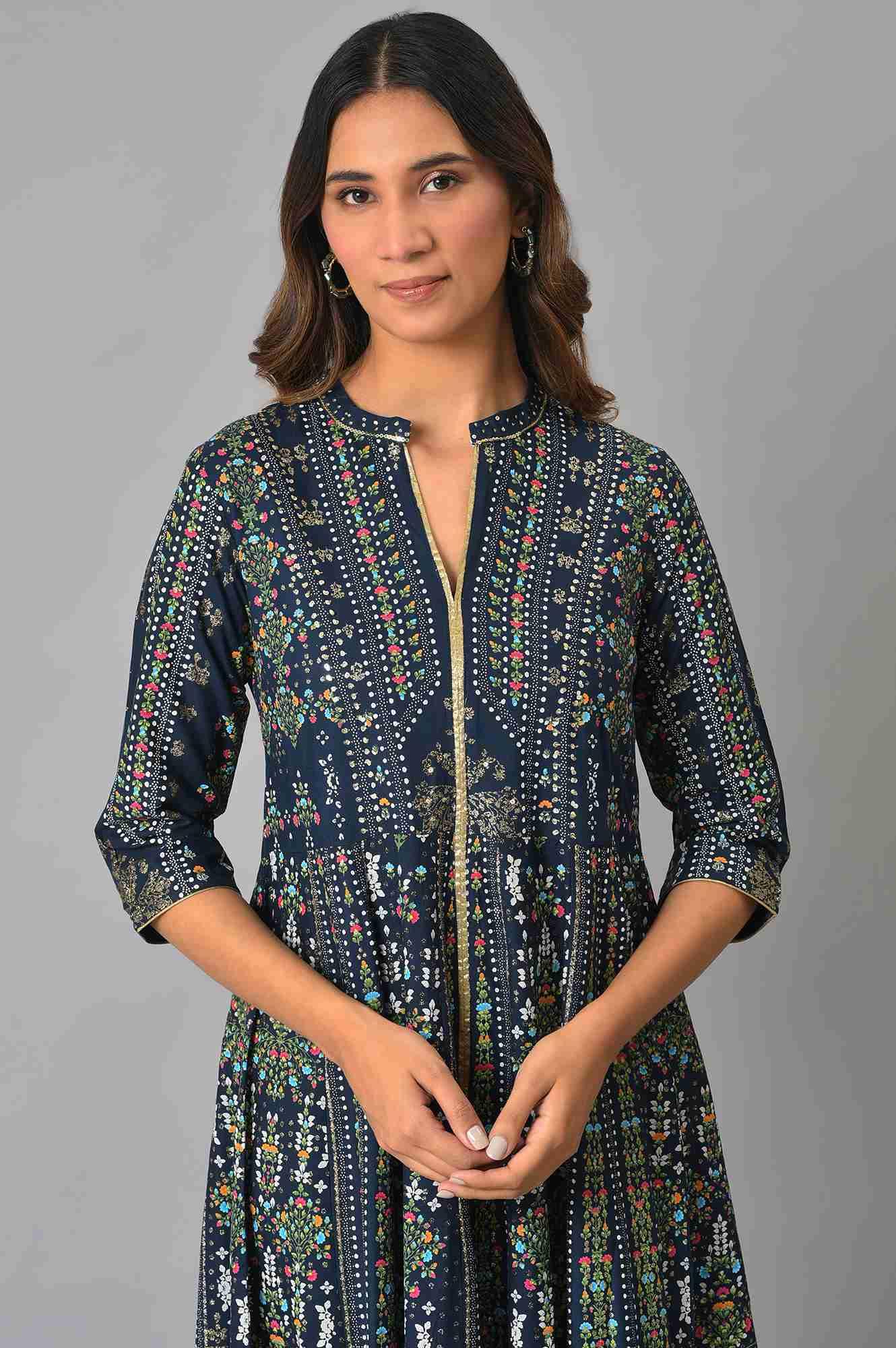 Navy Kalidar Printed Dress - wforwoman
