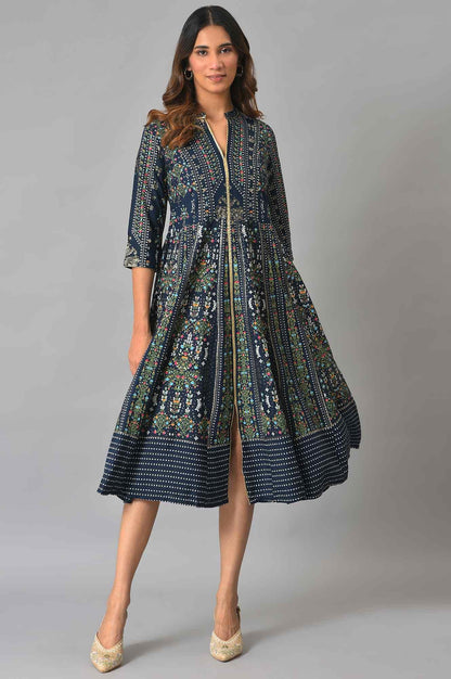Navy Kalidar Printed Dress - wforwoman
