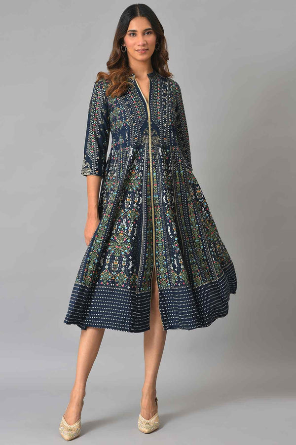 Navy Kalidar Printed Dress