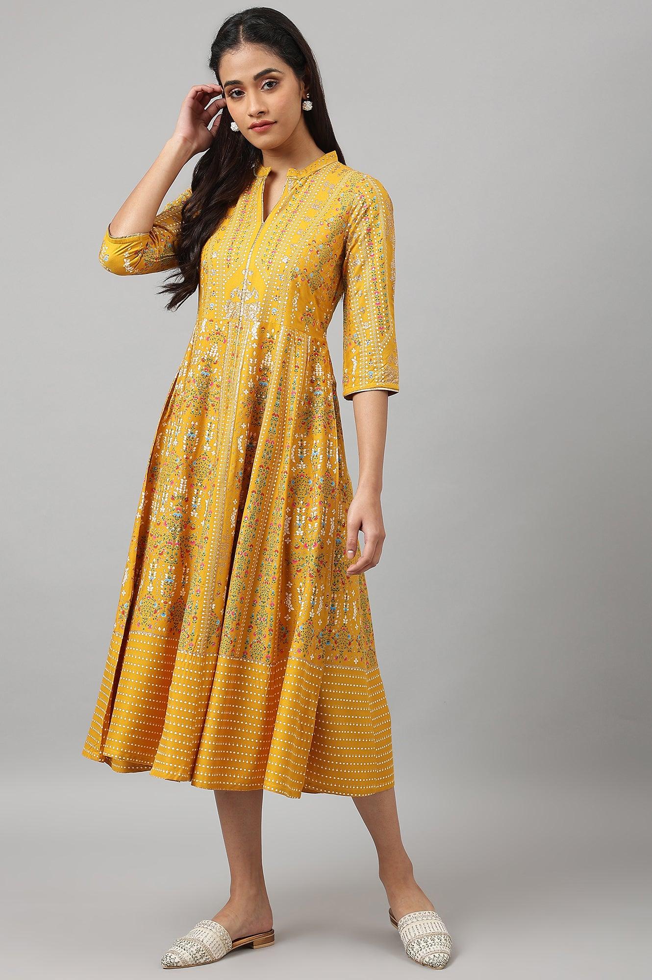 Mustard Yellow Kalidar Printed Dress - wforwoman