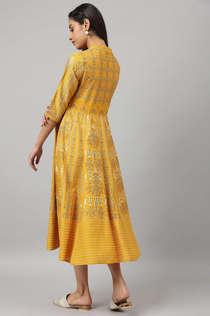 Mustard Yellow Kalidar Printed Dress - wforwoman