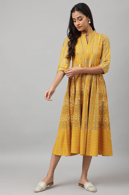 Mustard Yellow Kalidar Printed Dress - wforwoman