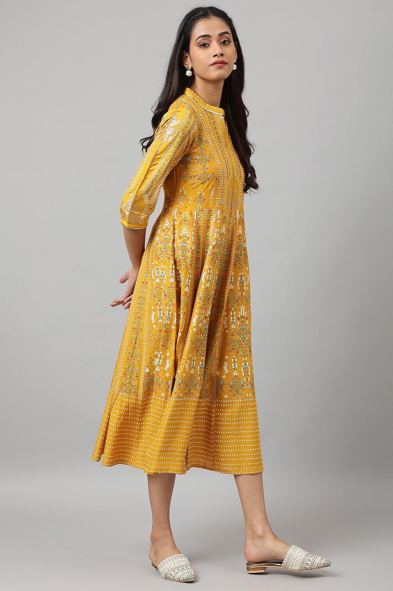 Mustard Yellow Kalidar Printed Dress - wforwoman