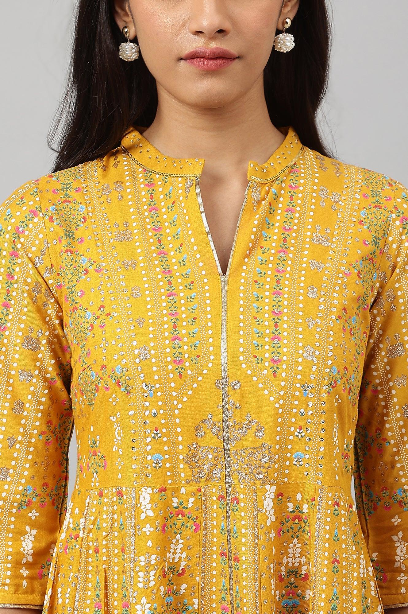 Mustard Yellow Kalidar Printed Dress - wforwoman