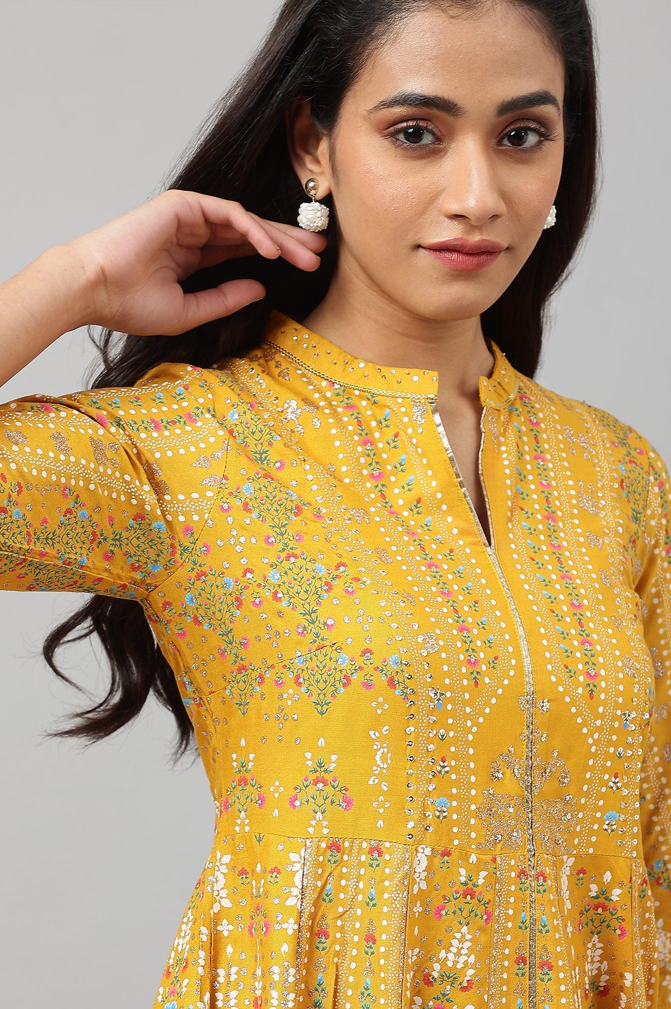 Mustard Yellow Kalidar Printed Dress - wforwoman