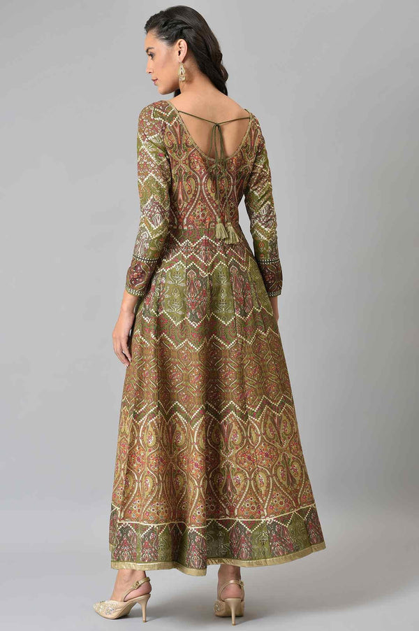 Olive Green Glitter Print Dress