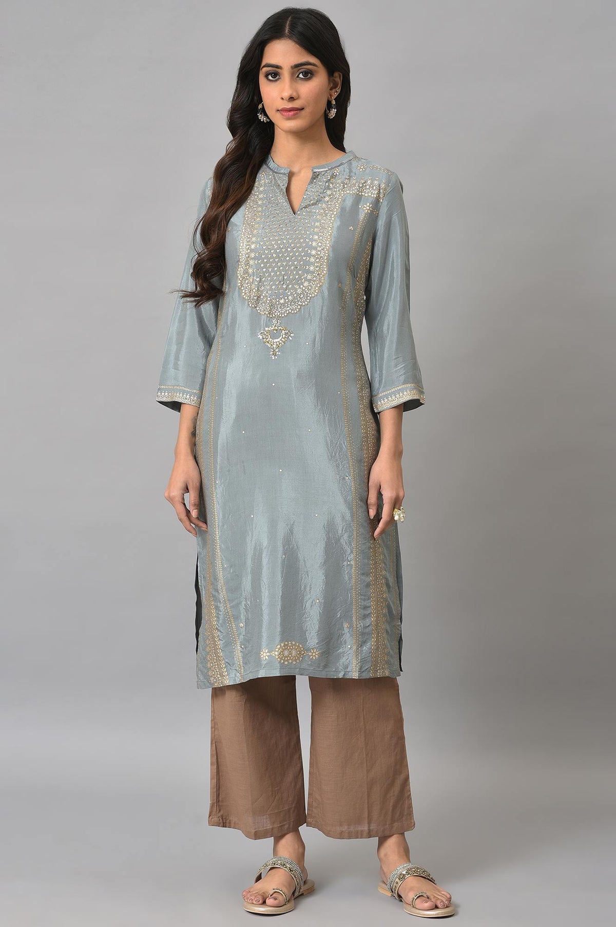 Blue Khadi Print kurta with Sequin - XS