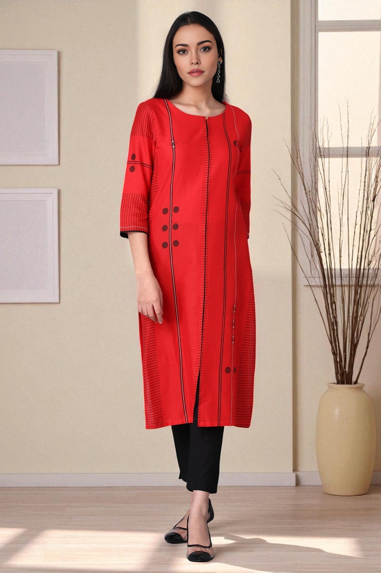 Red Geometric Print Straight kurta in Boat Neck
